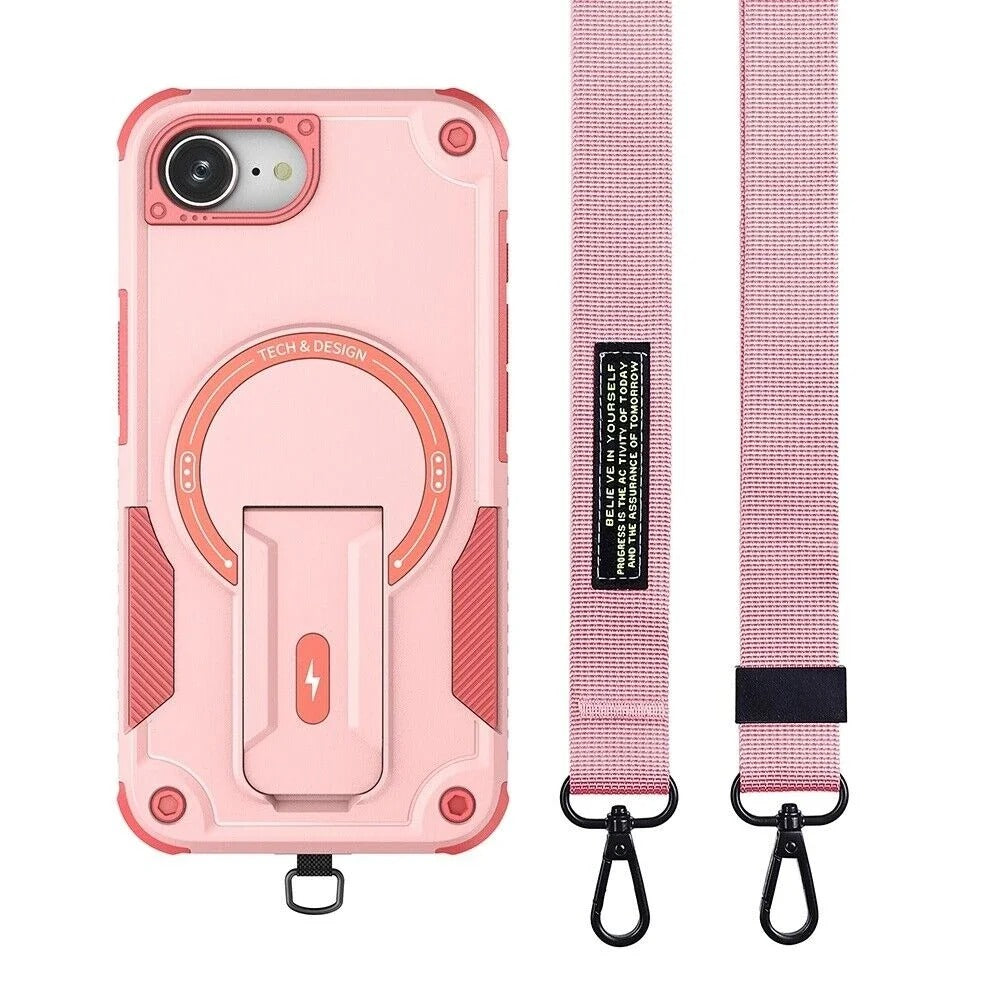 Rugged iPhone Case — MagSafe Shockproof PC+TPU Armor Cover with Magnetic Bracket Stand, Cross-Body Lanyard Support and Heavy Mechanical Design