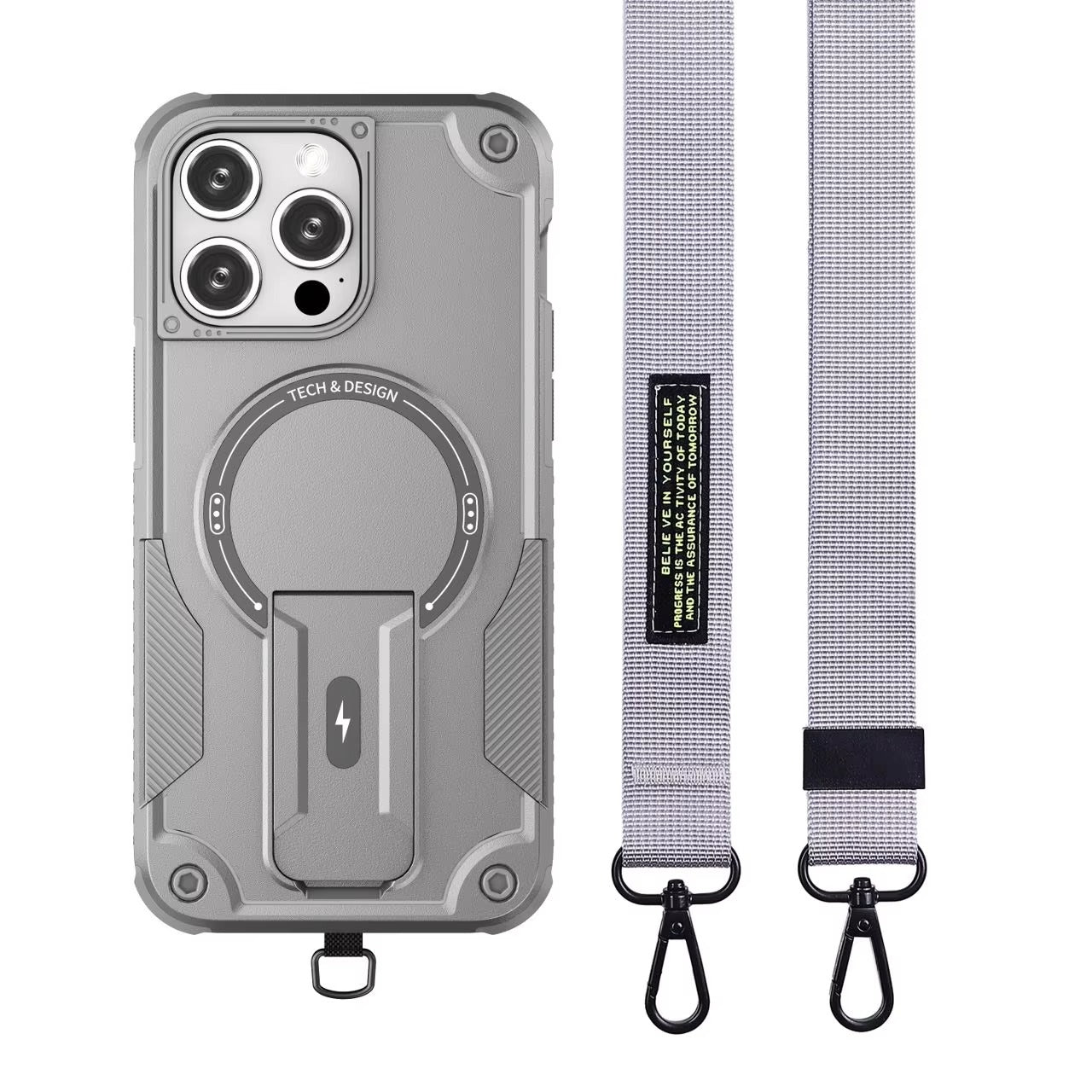 Rugged iPhone Case — MagSafe Shockproof PC+TPU Armor Cover with Magnetic Bracket Stand, Cross-Body Lanyard Support and Heavy Mechanical Design