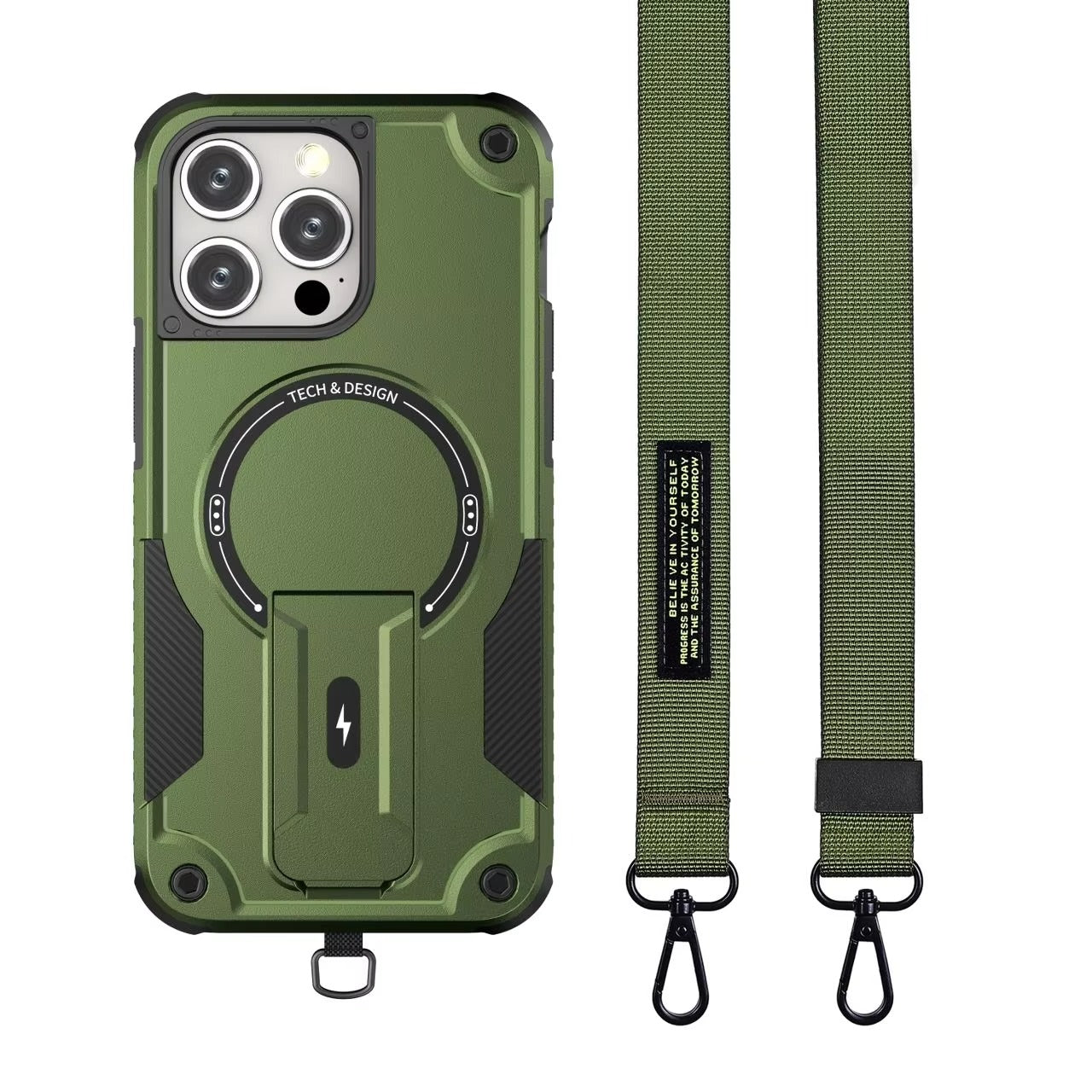 Rugged iPhone Case — MagSafe Shockproof PC+TPU Armor Cover with Magnetic Bracket Stand, Cross-Body Lanyard Support and Heavy Mechanical Design