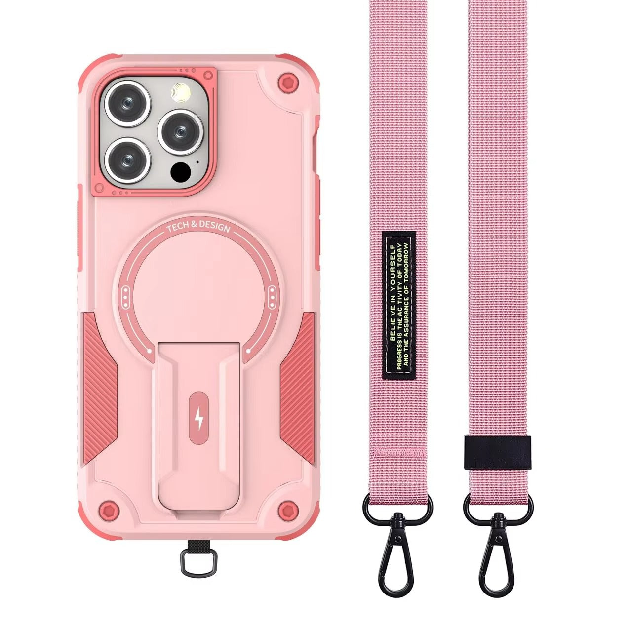 Rugged iPhone Case — MagSafe Shockproof PC+TPU Armor Cover with Magnetic Bracket Stand, Cross-Body Lanyard Support and Heavy Mechanical Design