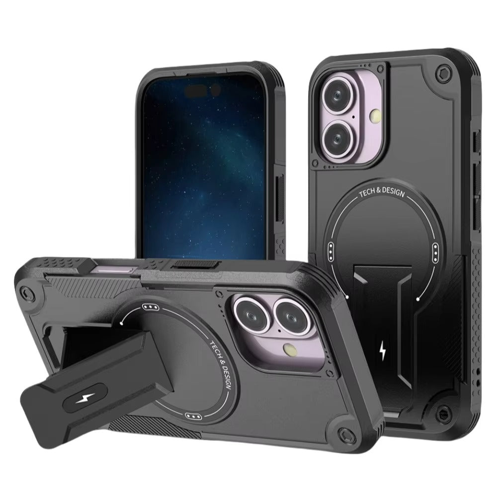 Rugged iPhone Case — MagSafe Shockproof PC+TPU Armor Cover with Magnetic Bracket Stand, Cross-Body Lanyard Support and Heavy Mechanical Design