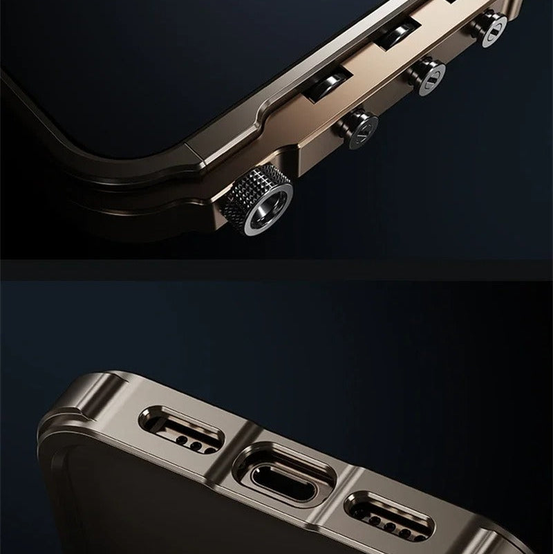 Rugged iPhone Case — Magnetic Aluminum Alloy Cyberpunk Bumper with Heat-Dissipation Design, Shockproof Anti-Scratch Non-Slip Frame & Lightweight Silicone Lining