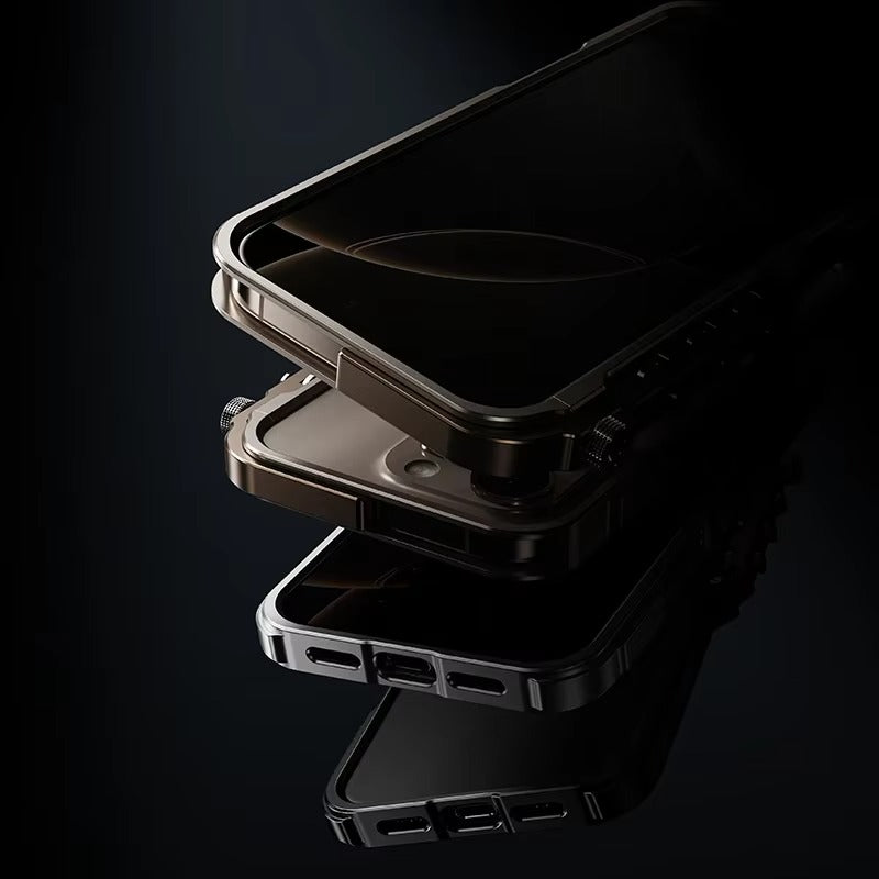 Rugged iPhone Case — Magnetic Aluminum Alloy Cyberpunk Bumper with Heat-Dissipation Design, Shockproof Anti-Scratch Non-Slip Frame & Lightweight Silicone Lining