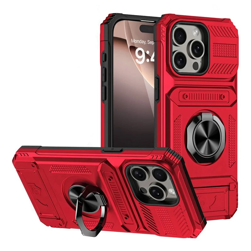 Rugged iPhone Case — Magnetic Wallet Cover with 360° Ring Kickstand, Dual-Layer Metal + TPU Protection, Hidden Card Slots and Heavy-Duty Drop-Resistant Design