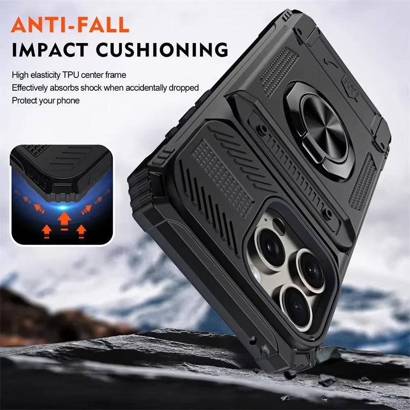 Rugged iPhone Case — Magnetic Wallet Cover with 360° Ring Kickstand, Dual-Layer Metal + TPU Protection, Hidden Card Slots and Heavy-Duty Drop-Resistant Design