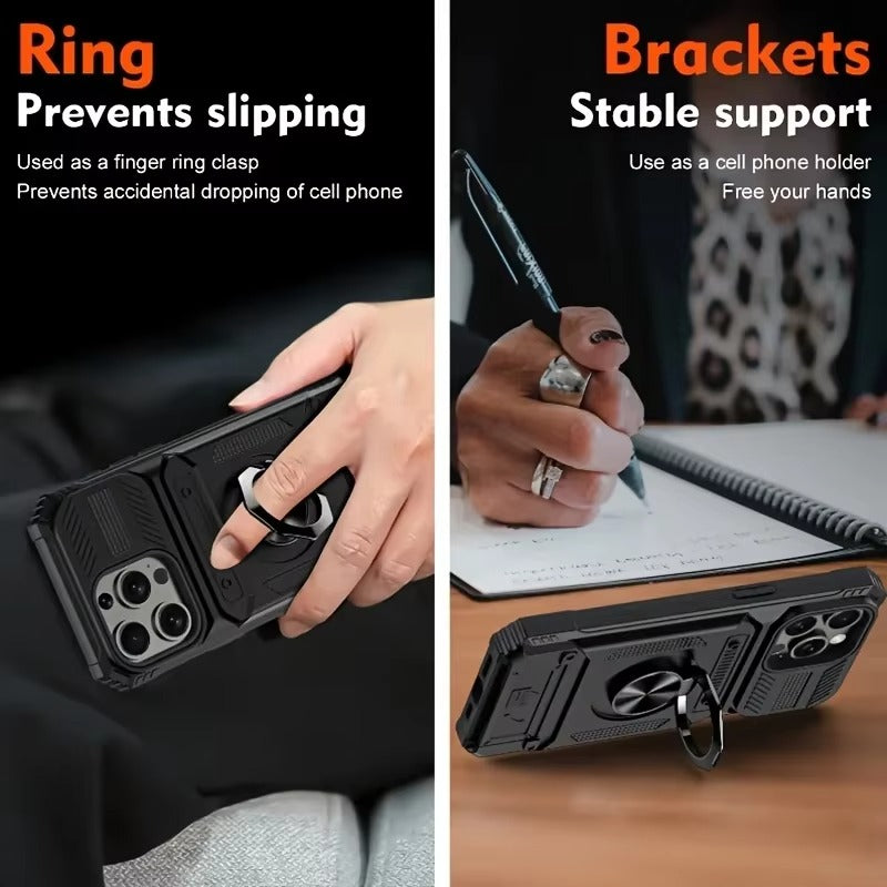 Rugged iPhone Case — Magnetic Wallet Cover with 360° Ring Kickstand, Dual-Layer Metal + TPU Protection, Hidden Card Slots and Heavy-Duty Drop-Resistant Design