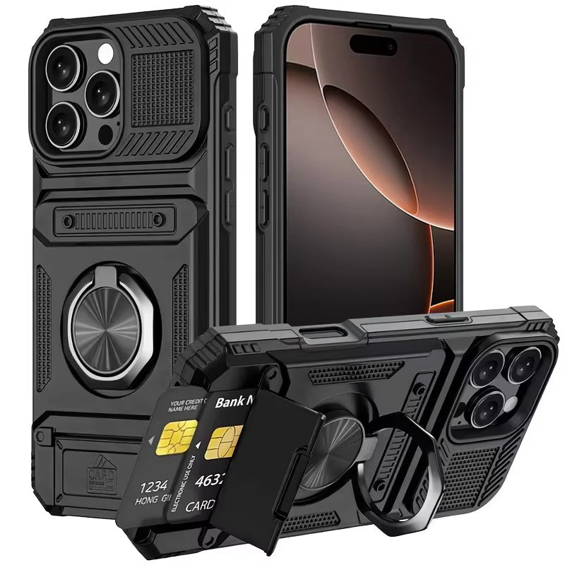 Rugged iPhone Case — Magnetic Wallet Cover with 360° Ring Kickstand, Dual-Layer Metal + TPU Protection, Hidden Card Slots and Heavy-Duty Drop-Resistant Design