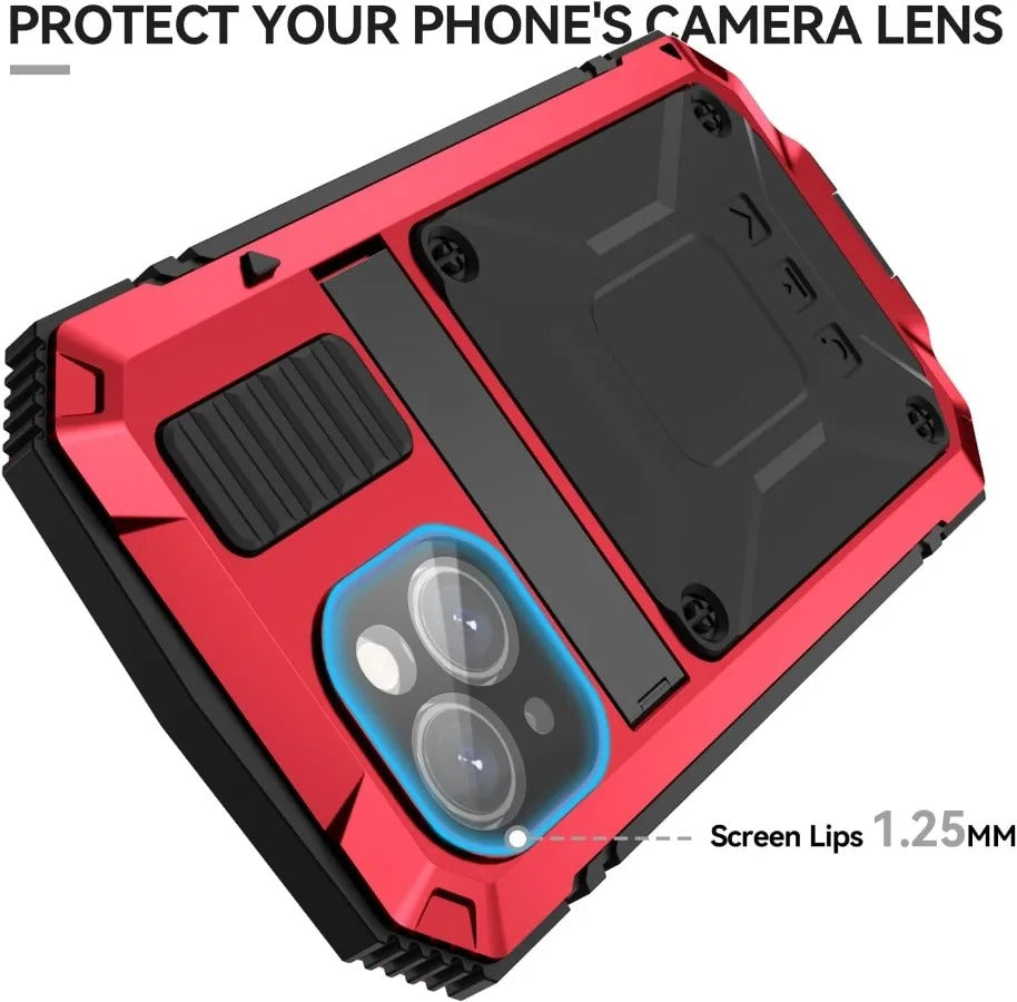 Rugged iPhone Case — Military-Grade Aluminum Tank Armor Cover with 360° Shockproof Protection, Tempered-Glass Screen Guard, Dustproof Heavy-Duty Design and Kickstand