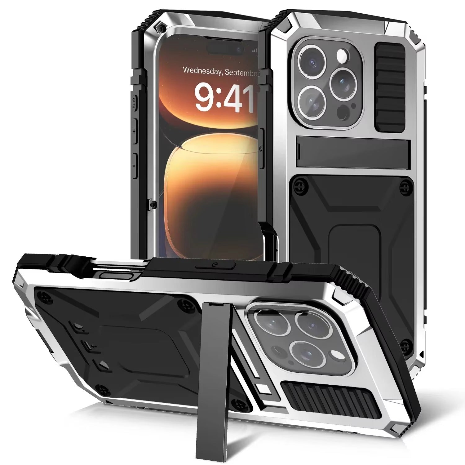 Rugged iPhone Case — Military-Grade Aluminum Tank Armor Cover with 360° Shockproof Protection, Tempered-Glass Screen Guard, Dustproof Heavy-Duty Design and Kickstand