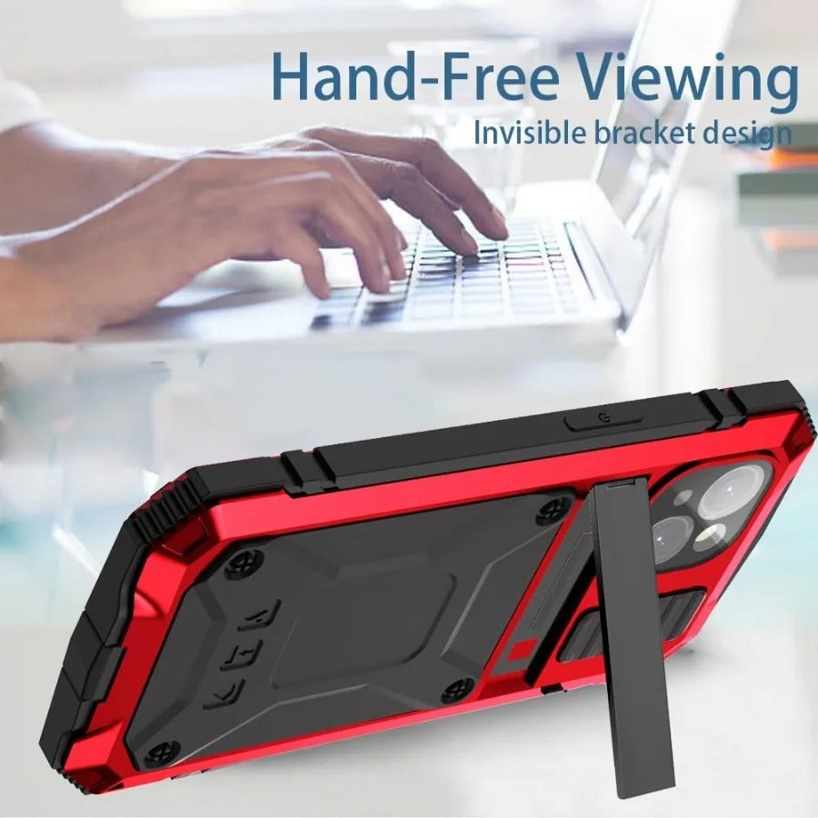 Rugged iPhone Case — Military-Grade Aluminum Tank Armor Cover with 360° Shockproof Protection, Tempered-Glass Screen Guard, Dustproof Heavy-Duty Design and Kickstand