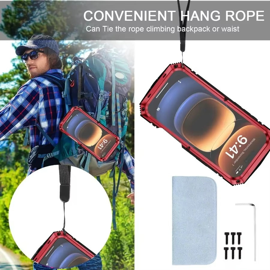 Rugged iPhone Case — Military-Grade Aluminum Tank Armor Cover with 360° Shockproof Protection, Tempered-Glass Screen Guard, Dustproof Heavy-Duty Design and Kickstand