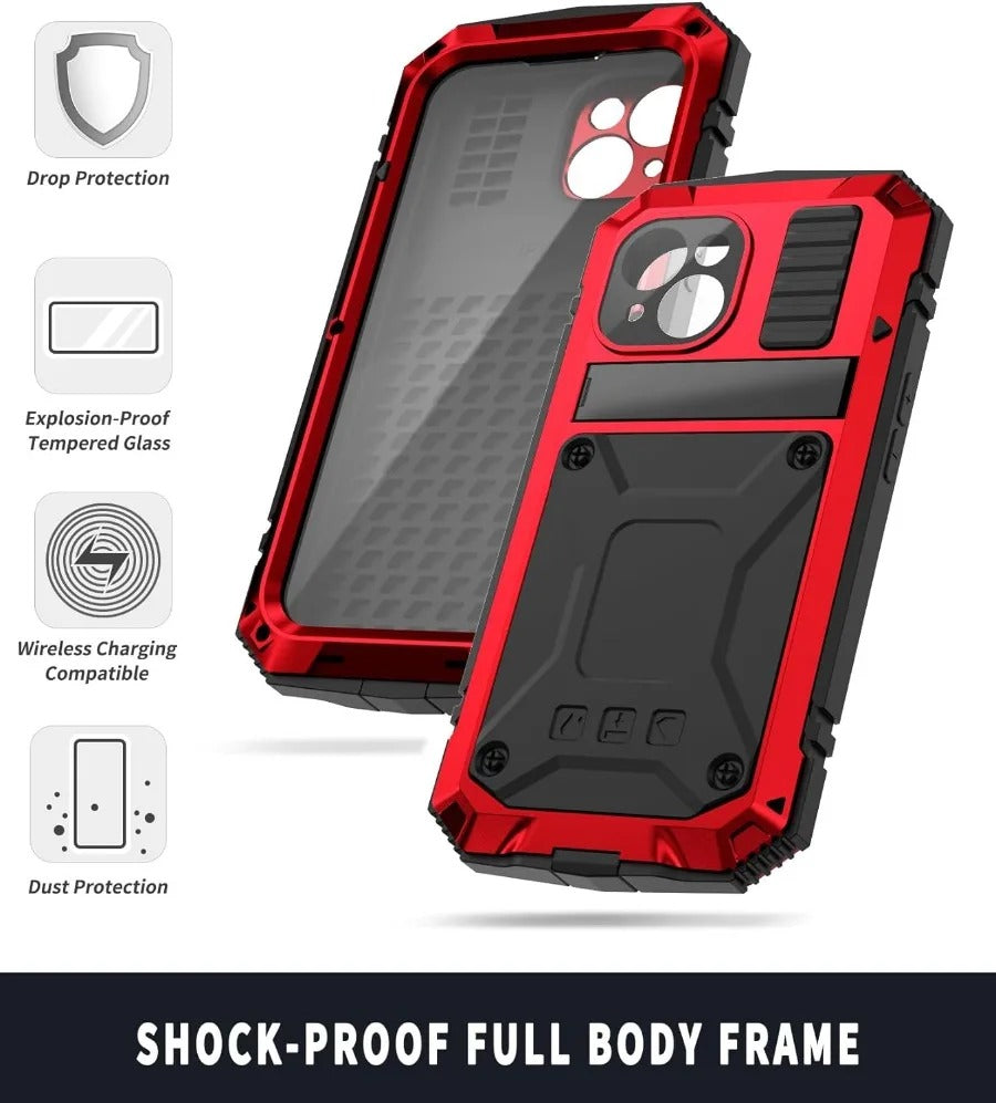 Rugged iPhone Case — Military-Grade Aluminum Tank Armor Cover with 360° Shockproof Protection, Tempered-Glass Screen Guard, Dustproof Heavy-Duty Design and Kickstand