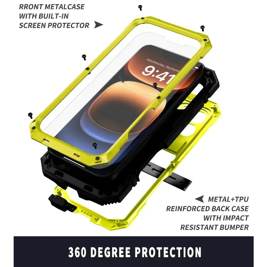Rugged iPhone Case — Military-Grade Aluminum Tank Armor Cover with 360° Shockproof Protection, Tempered-Glass Screen Guard, Dustproof Heavy-Duty Design and Kickstand