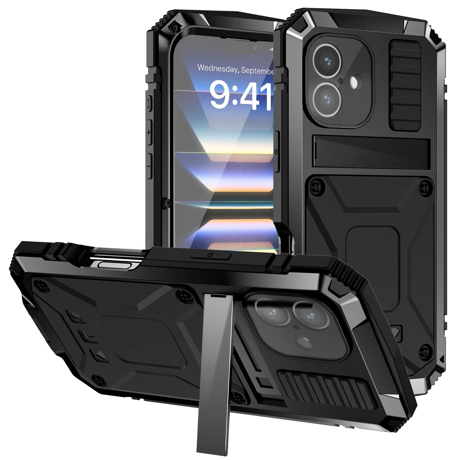 Rugged iPhone Case — Military-Grade Aluminum Tank Armor Cover with 360° Shockproof Protection, Tempered-Glass Screen Guard, Dustproof Heavy-Duty Design and Kickstand