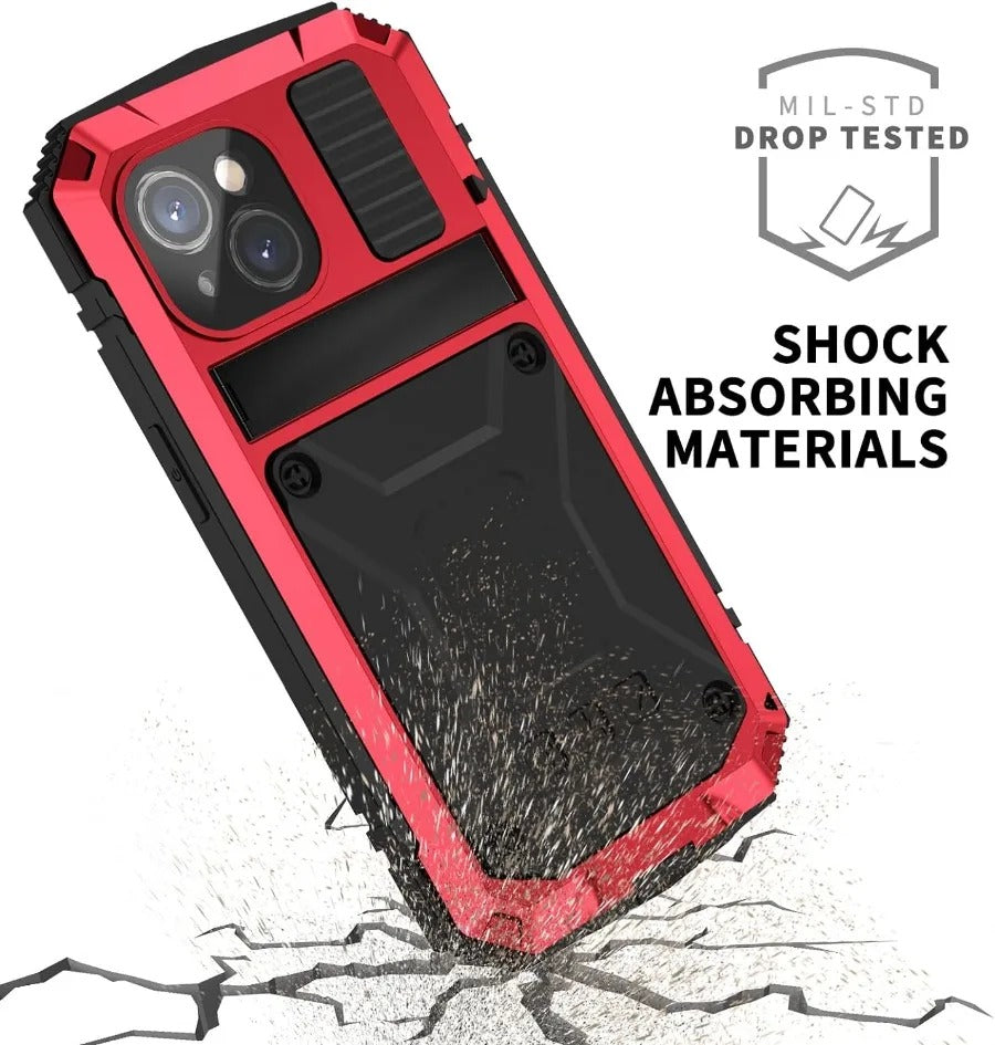 Rugged iPhone Case — Military-Grade Aluminum Tank Armor Cover with 360° Shockproof Protection, Tempered-Glass Screen Guard, Dustproof Heavy-Duty Design and Kickstand