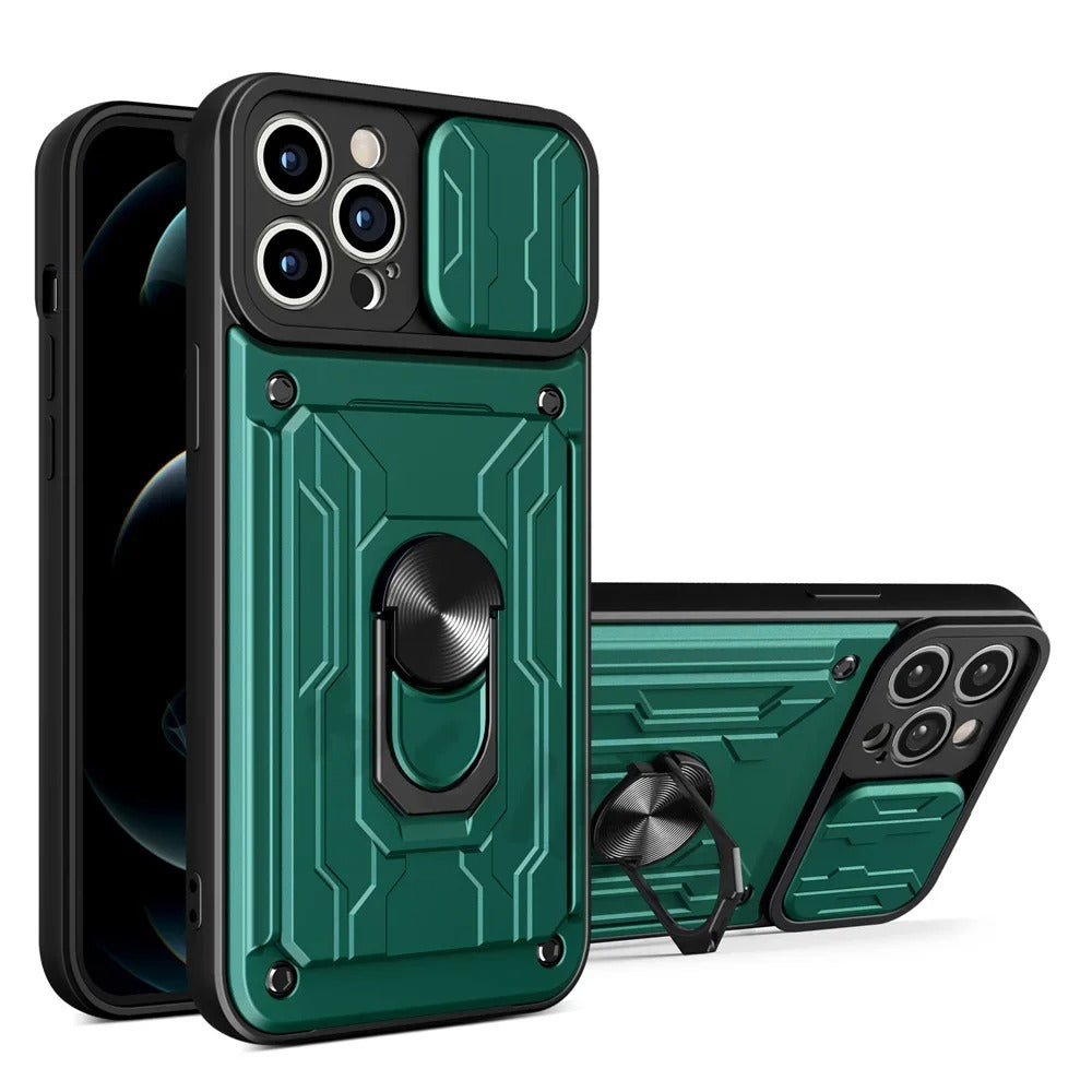 Rugged iPhone Case — Military-Grade Magnetic Bumper Cover with Slide Camera Protection, 360° Ring Kickstand, Card Slot Wallet Design and Shockproof PC+TPU Build
