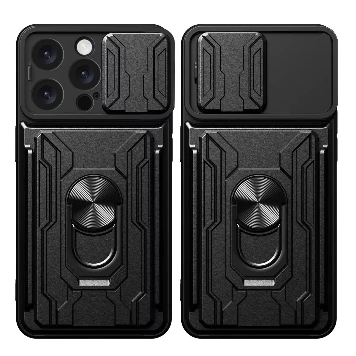 Rugged iPhone Case — Military-Grade Magnetic Bumper Cover with Slide Camera Protection, 360° Ring Kickstand, Card Slot Wallet Design and Shockproof PC+TPU Build