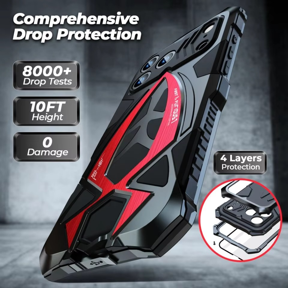 Rugged iPhone Case — Shockproof Metal Frame Armor with Impact Protection, Anti-Scratch Dustproof Cover and Full Edge Defense