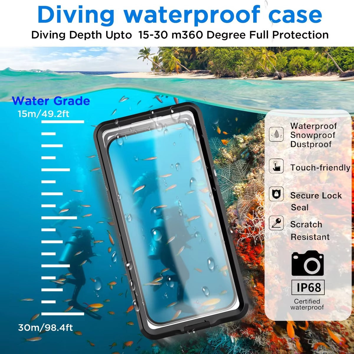 Rugged iPhone Case — Universal IP68 Waterproof Diving Pouch with Self-Check Seal, Airbag Vacuum Protection, Touch-Screen Use and 15m Underwater Safety