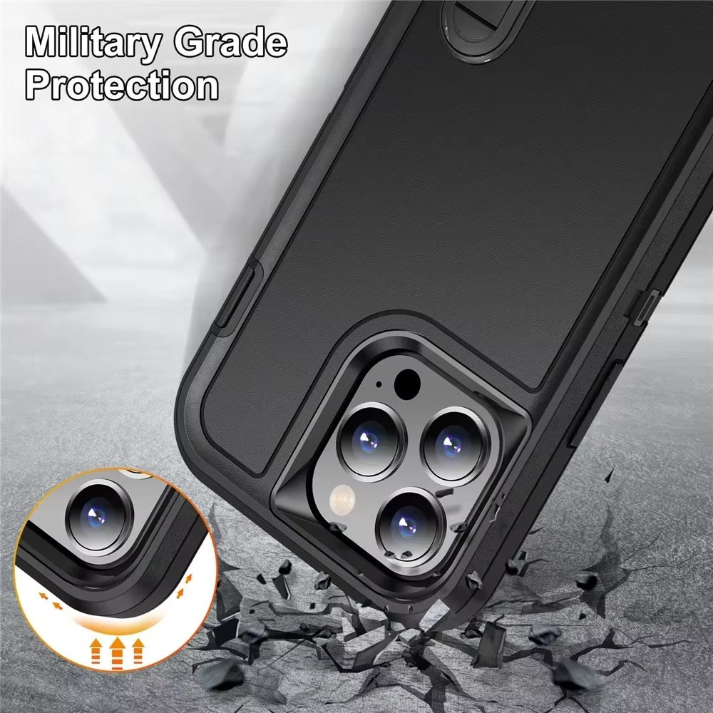 Rugged iPhone Heavy Armor Case — Full Body Shockproof Cover with Kickstand Bracket, Dual Layer Protection, Anti-Fingerprint Scratch-Resistant Non-Slip Design