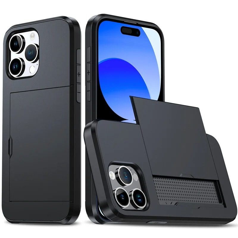 Rugged iPhone Slide Wallet Case with Card Slots — Armor Shockproof Dual Layer Cover, Heavy Duty Protection, Anti-Fingerprint Scratch-Resistant Non-Slip Design