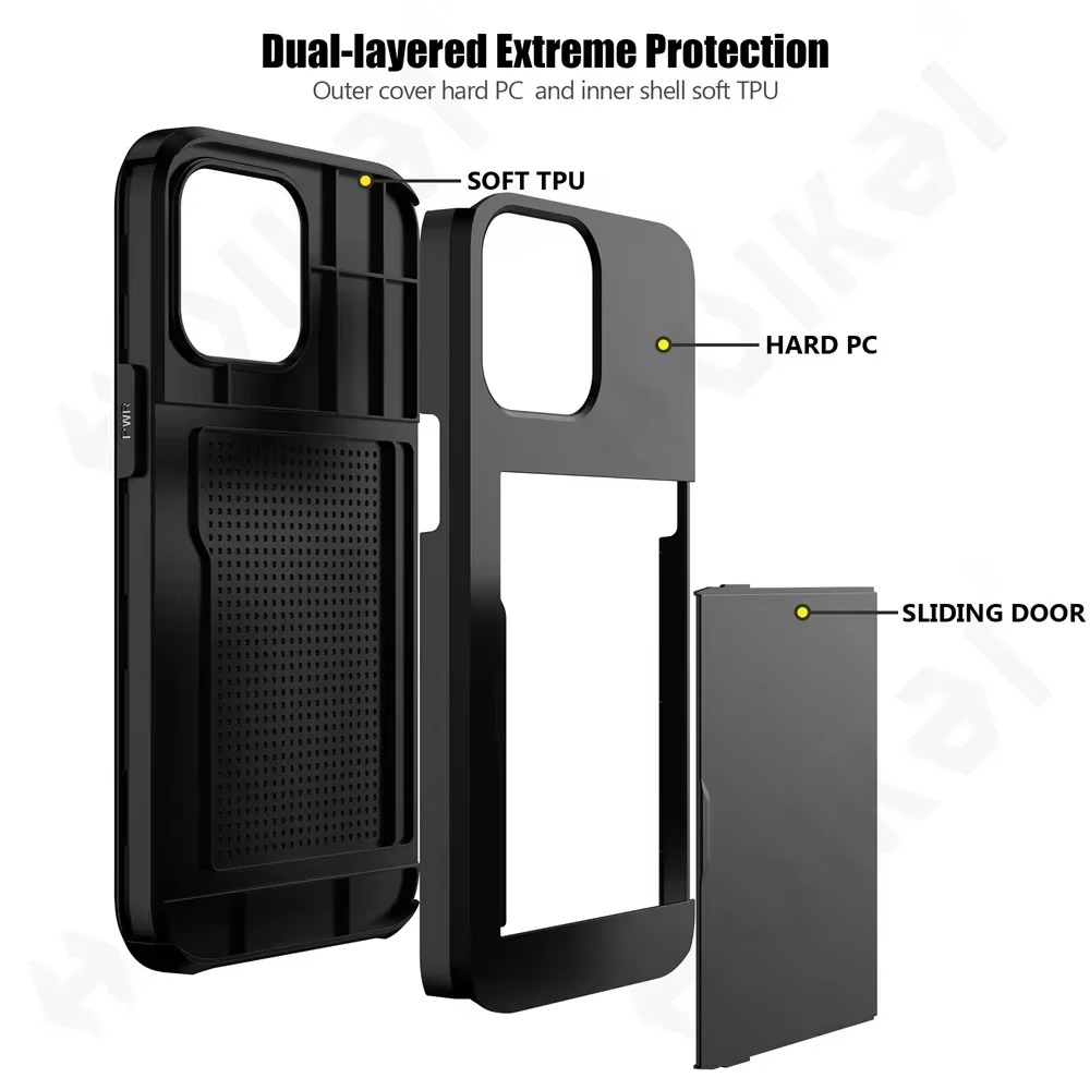 Rugged iPhone Slide Wallet Case with Card Slots — Armor Shockproof Dual Layer Cover, Heavy Duty Protection, Anti-Fingerprint Scratch-Resistant Non-Slip Design