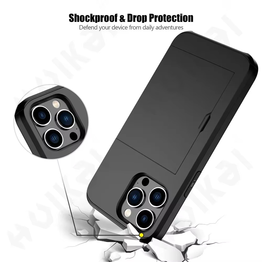 Rugged iPhone Slide Wallet Case with Card Slots — Armor Shockproof Dual Layer Cover, Heavy Duty Protection, Anti-Fingerprint Scratch-Resistant Non-Slip Design