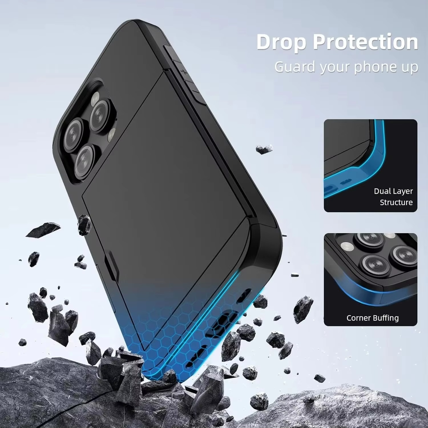 Rugged iPhone Slide Wallet Case with Card Slots — Armor Shockproof Dual Layer Cover, Heavy Duty Protection, Anti-Fingerprint Scratch-Resistant Non-Slip Design