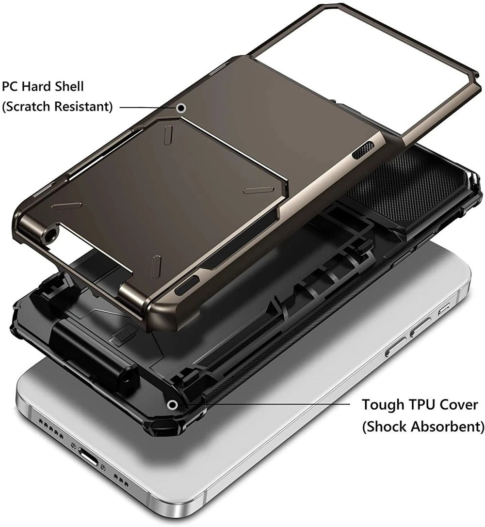 Rugged iPhone Wallet Case with Card Holder — TPU Armor Bumper Full Coverage, Magnetic Ring Kickstand, Military Grade Shockproof Scratch-Resistant Design
