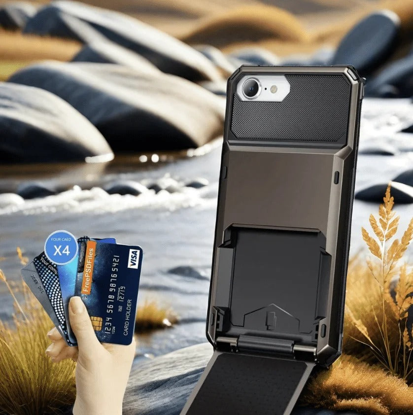 Rugged iPhone Wallet Case with Card Holder — TPU Armor Bumper Full Coverage, Magnetic Ring Kickstand, Military Grade Shockproof Scratch-Resistant Design