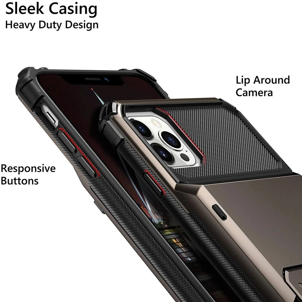 Rugged iPhone Wallet Case with Card Holder — TPU Armor Bumper Full Coverage, Magnetic Ring Kickstand, Military Grade Shockproof Scratch-Resistant Design