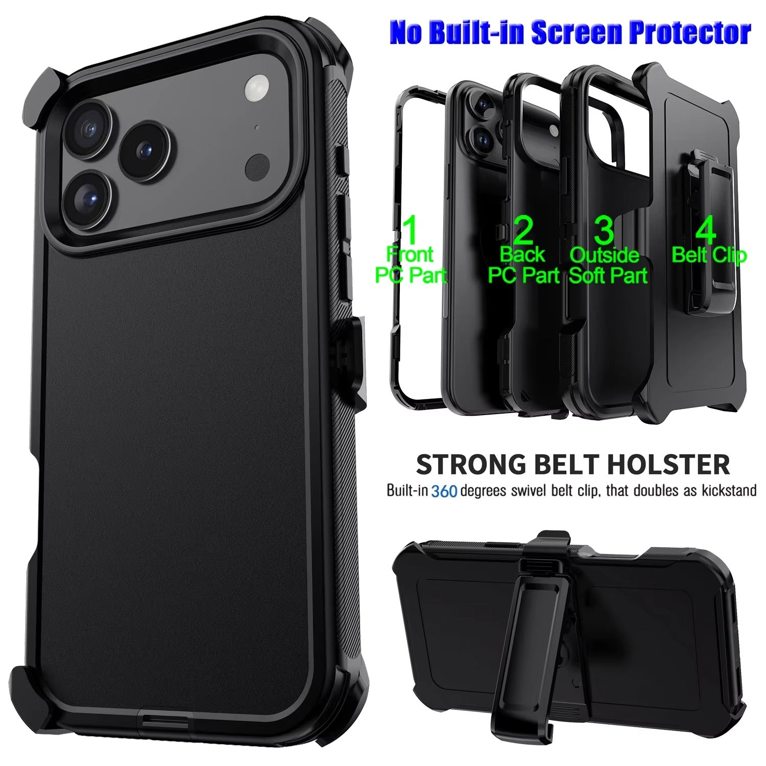 Rugged iPhone Case — Heavy-Duty 3-Layer Hybrid Protective Cover with Belt Clip Holster, Shockproof Hard PC Design and Matte Anti-Fingerprint Finish