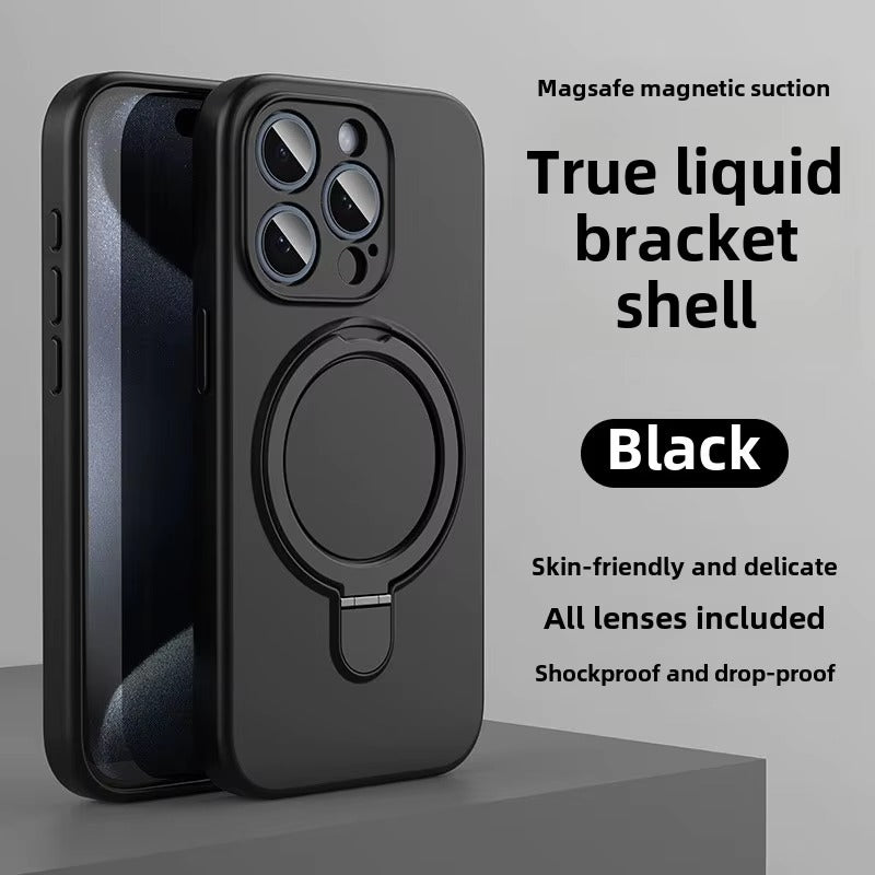Luxury iPhone Liquid Silicone MagSafe Case — Magnetic Ring Holder Stand Cover, Shockproof Anti-Fingerprint Design, Wireless Charging Compatible Non-Slip Protection
