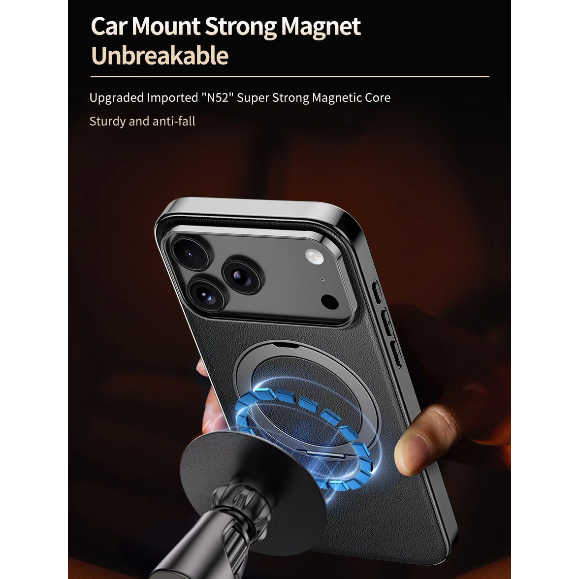 Luxury iPhone Case — Magnetic Cowhide Leather Cover with 360° Rotating Ring Holder, Full Lens Protection and Shockproof PC+TPU Design