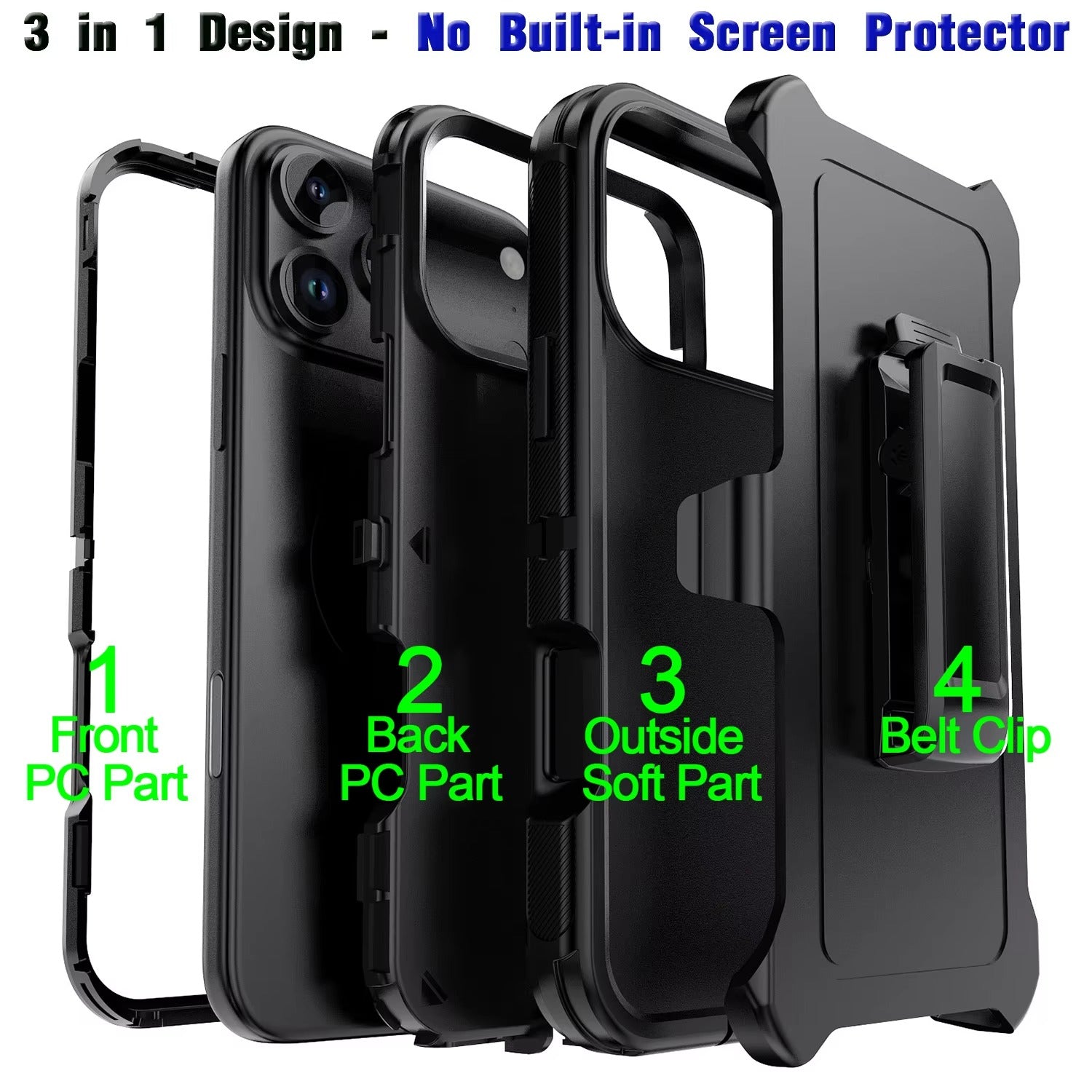 Rugged iPhone Case — Heavy-Duty 3-Layer Hybrid Protective Cover with Belt Clip Holster, Shockproof Hard PC Design and Matte Anti-Fingerprint Finish