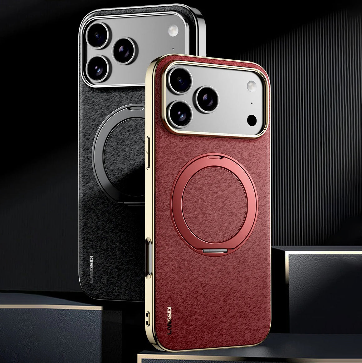Luxury iPhone Case — Magnetic Cowhide Leather Cover with 360° Rotating Ring Holder, Full Lens Protection and Shockproof PC+TPU Design