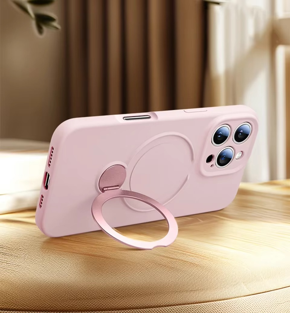 Luxury Liquid Silicone iPhone Case with Ring Holder — MagSafe Magnetic Stand, Matte Soft Bumper, Shockproof, Anti-Fingerprint, Non-Slip