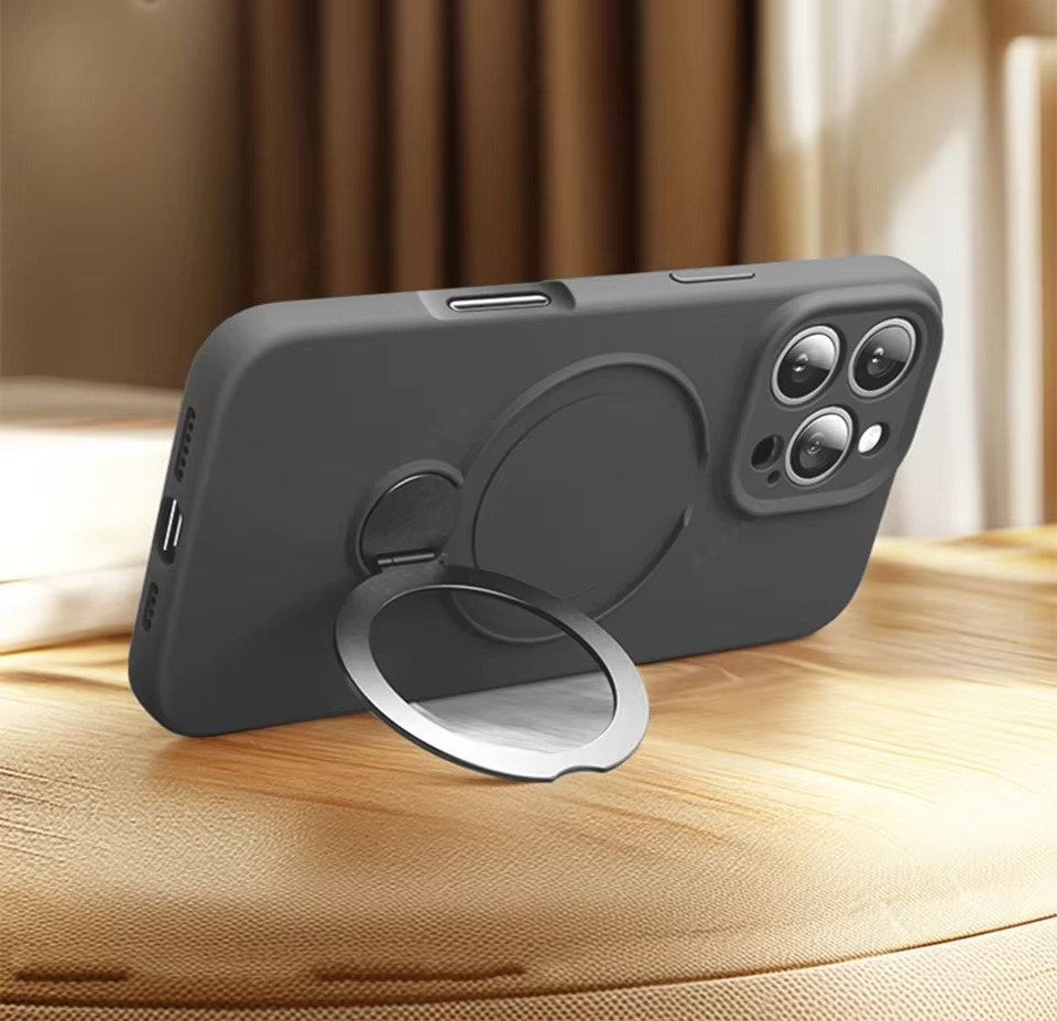 Luxury Liquid Silicone iPhone Case with Ring Holder — MagSafe Magnetic Stand, Matte Soft Bumper, Shockproof, Anti-Fingerprint, Non-Slip
