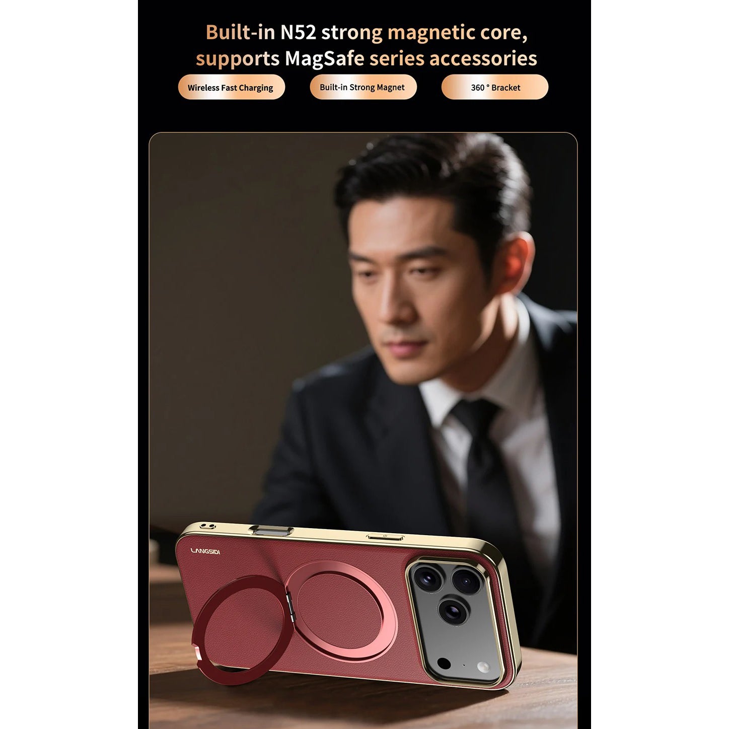 Luxury iPhone Case — Magnetic Cowhide Leather Cover with 360° Rotating Ring Holder, Full Lens Protection and Shockproof PC+TPU Design