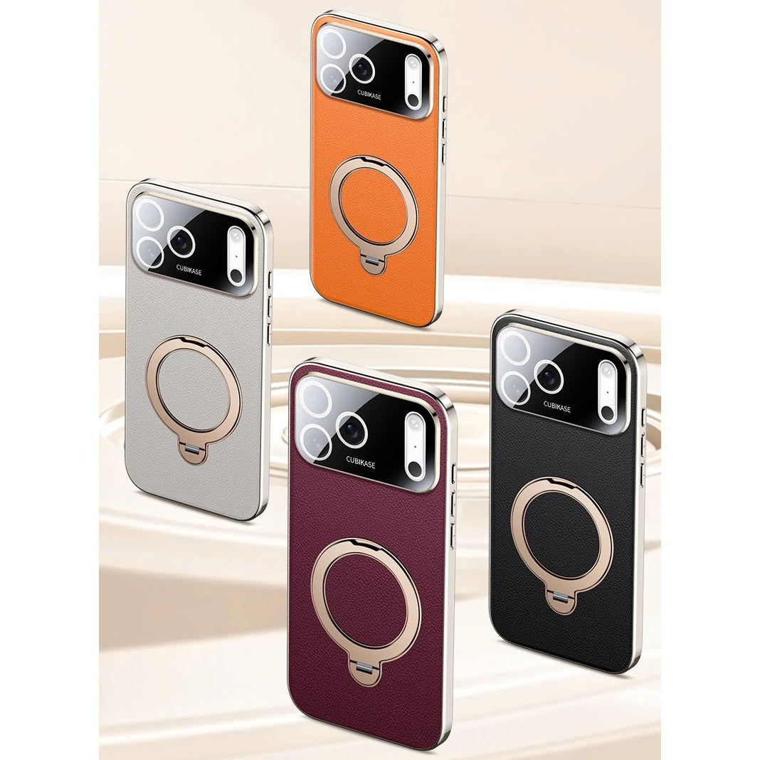 Luxury iPhone Case — PU Leather Cover with Rotating Metal Bracket Stand, Shockproof Back Protection and Premium Non-Slip Design