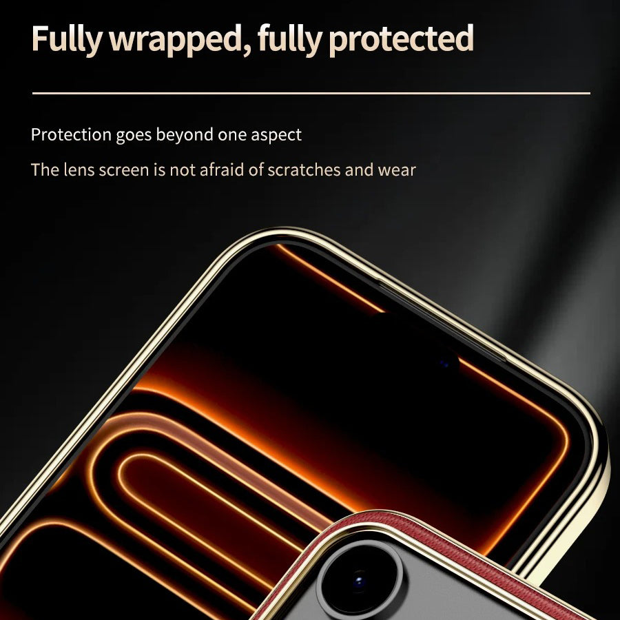 Luxury iPhone Case — Magnetic Cowhide Leather Cover with 360° Rotating Ring Holder, Full Lens Protection and Shockproof PC+TPU Design