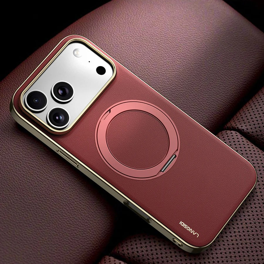 Luxury iPhone Case — Magnetic Cowhide Leather Cover with 360° Rotating Ring Holder, Full Lens Protection and Shockproof PC+TPU Design
