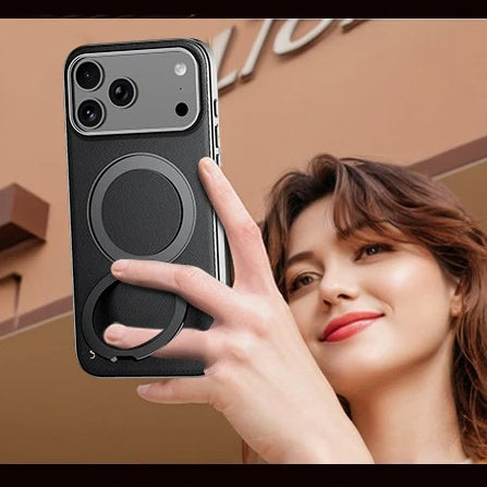 Luxury iPhone Case — Magnetic Cowhide Leather Cover with 360° Rotating Ring Holder, Full Lens Protection and Shockproof PC+TPU Design