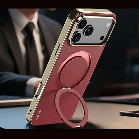 Luxury iPhone Case — Magnetic Cowhide Leather Cover with 360° Rotating Ring Holder, Full Lens Protection and Shockproof PC+TPU Design
