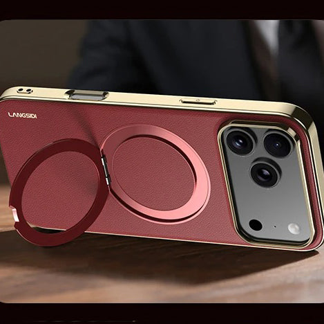 Luxury iPhone Case — Magnetic Cowhide Leather Cover with 360° Rotating Ring Holder, Full Lens Protection and Shockproof PC+TPU Design