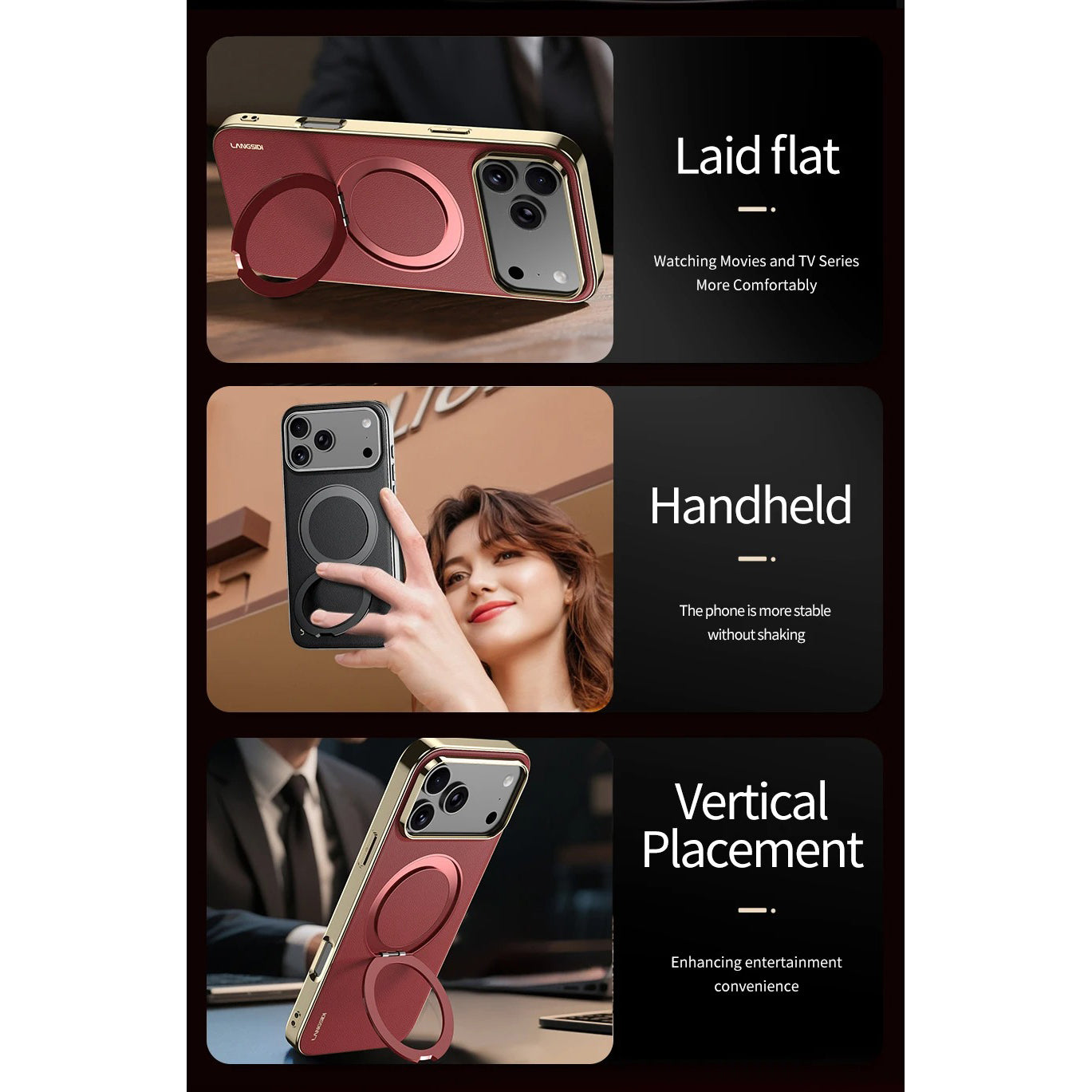 Luxury iPhone Case — Magnetic Cowhide Leather Cover with 360° Rotating Ring Holder, Full Lens Protection and Shockproof PC+TPU Design