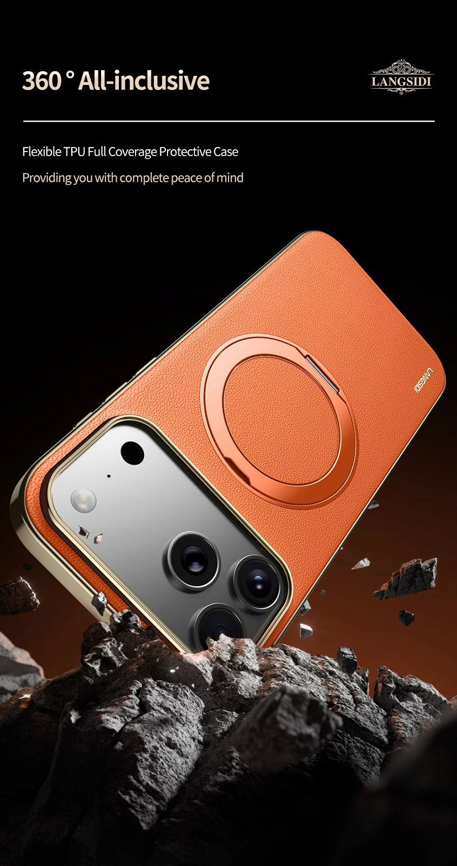 Luxury iPhone Case — Magnetic Cowhide Leather Cover with 360° Rotating Ring Holder, Full Lens Protection and Shockproof PC+TPU Design