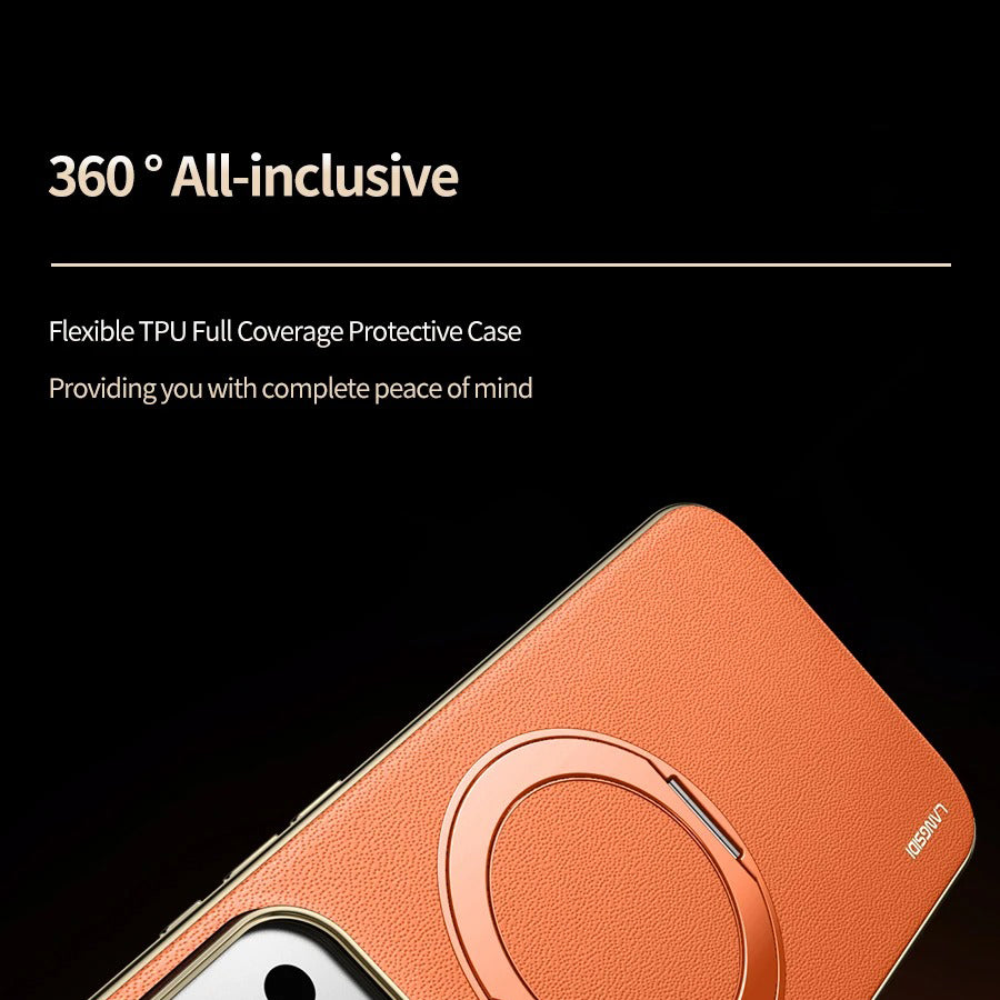 Luxury iPhone Case — Magnetic Cowhide Leather Cover with 360° Rotating Ring Holder, Full Lens Protection and Shockproof PC+TPU Design