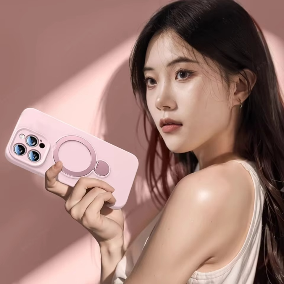 Luxury Liquid Silicone iPhone Case with Ring Holder — MagSafe Magnetic Stand, Matte Soft Bumper, Shockproof, Anti-Fingerprint, Non-Slip