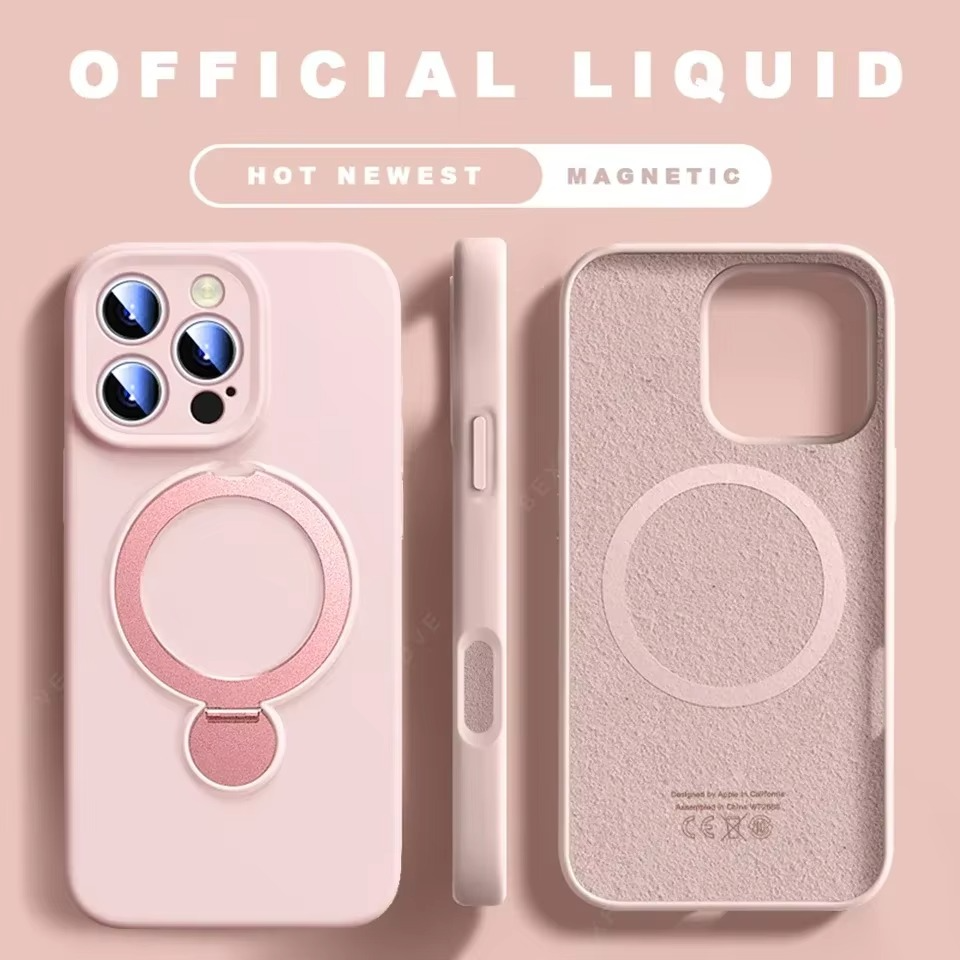 Luxury Liquid Silicone iPhone Case with Ring Holder — MagSafe Magnetic Stand, Matte Soft Bumper, Shockproof, Anti-Fingerprint, Non-Slip